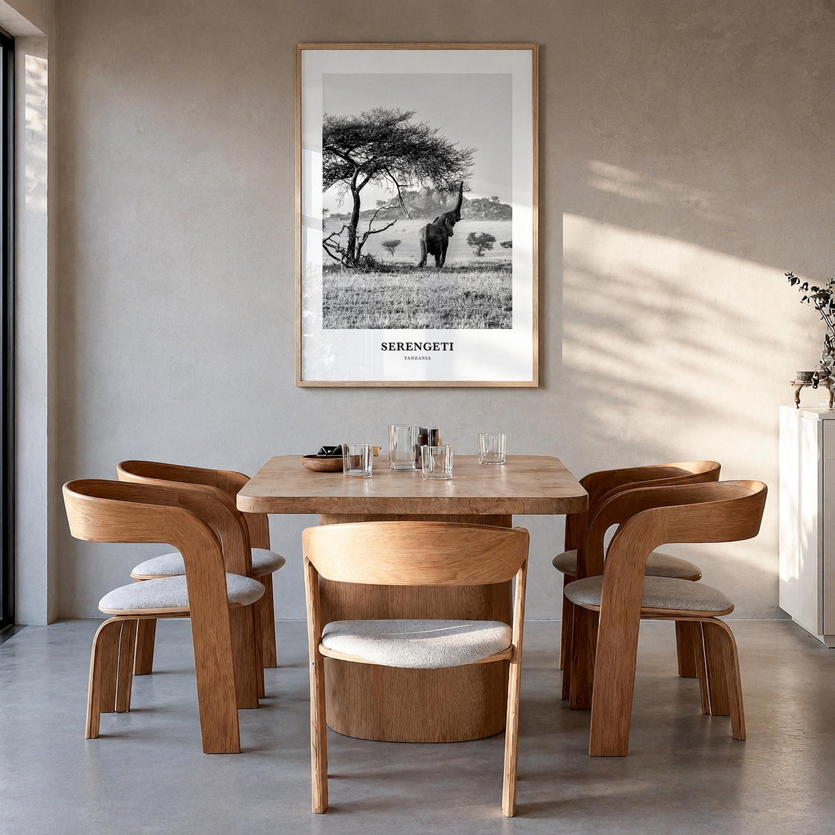 Serengeti National Park black & white classic poster of Tanzania – vertical wall art in natural wood frame, hanging on wall