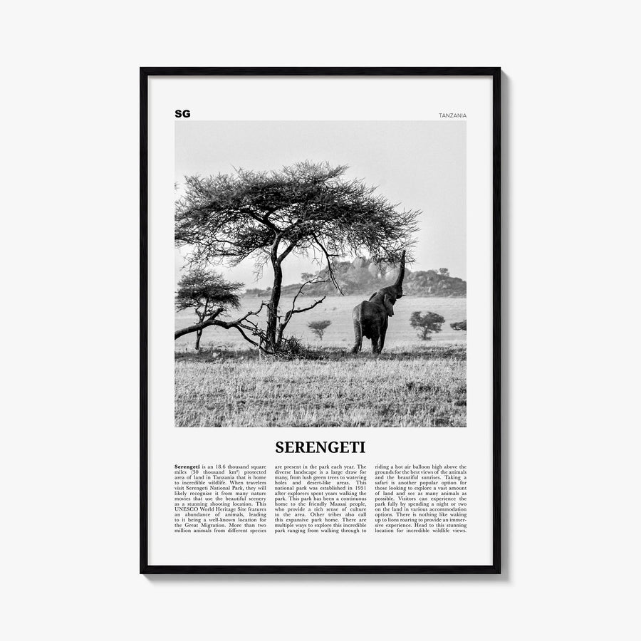 Serengeti National Park black & white newspaper poster of Tanzania – vertical wall art, unframed print shown in interior mock