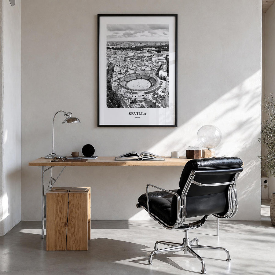 Sevilla no. 1 black & white classic poster of Spain – vertical wall art in black wood frame, hanging on wall