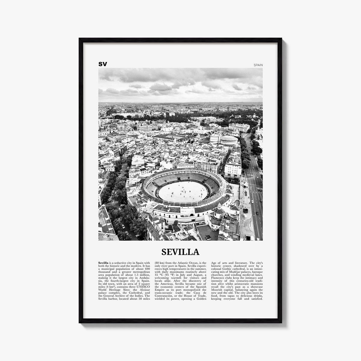 Seville no. 1 black & white newspaper poster of Spain – vertical wall art, unframed print shown in interior mockup