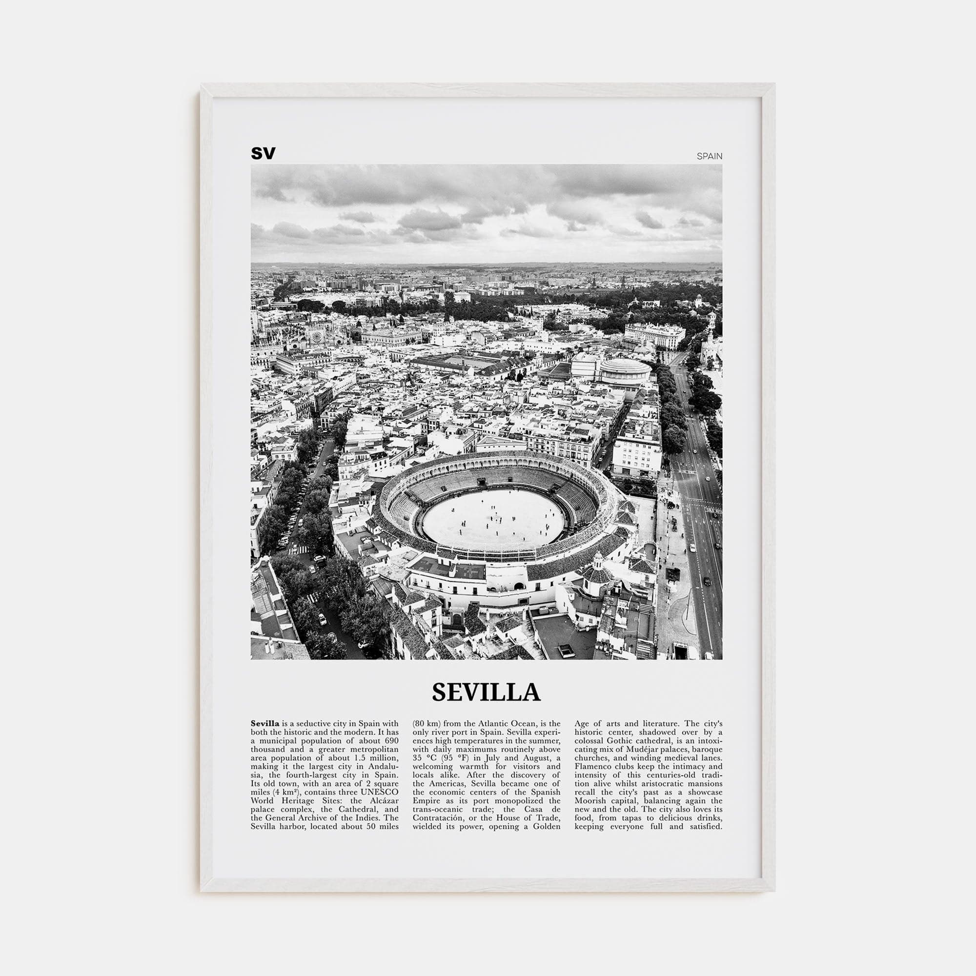 Sevilla Poster White Wood / 8x12 in Nbourhood Travel B&W Poster