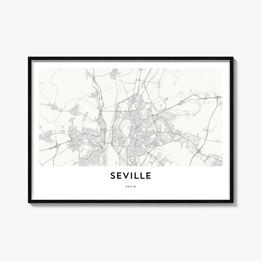 Seville black & white map poster of Spain – horizontal wall art, unframed print shown in interior mockup