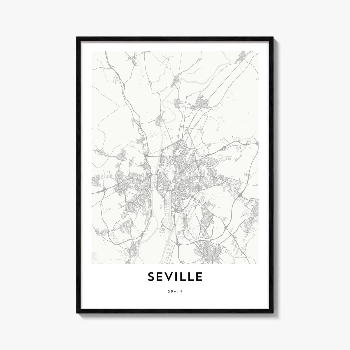 Seville black & white map poster of Spain – vertical wall art, unframed print shown in interior mockup