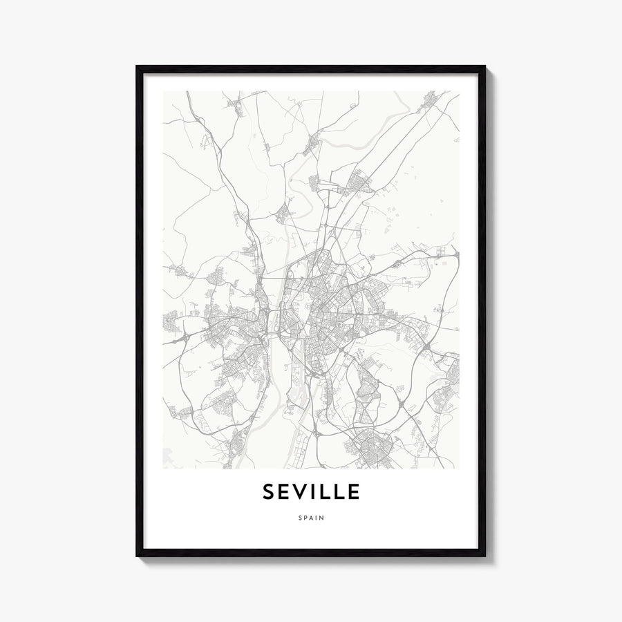 Seville black & white map poster of Spain – vertical wall art, unframed print shown in interior mockup