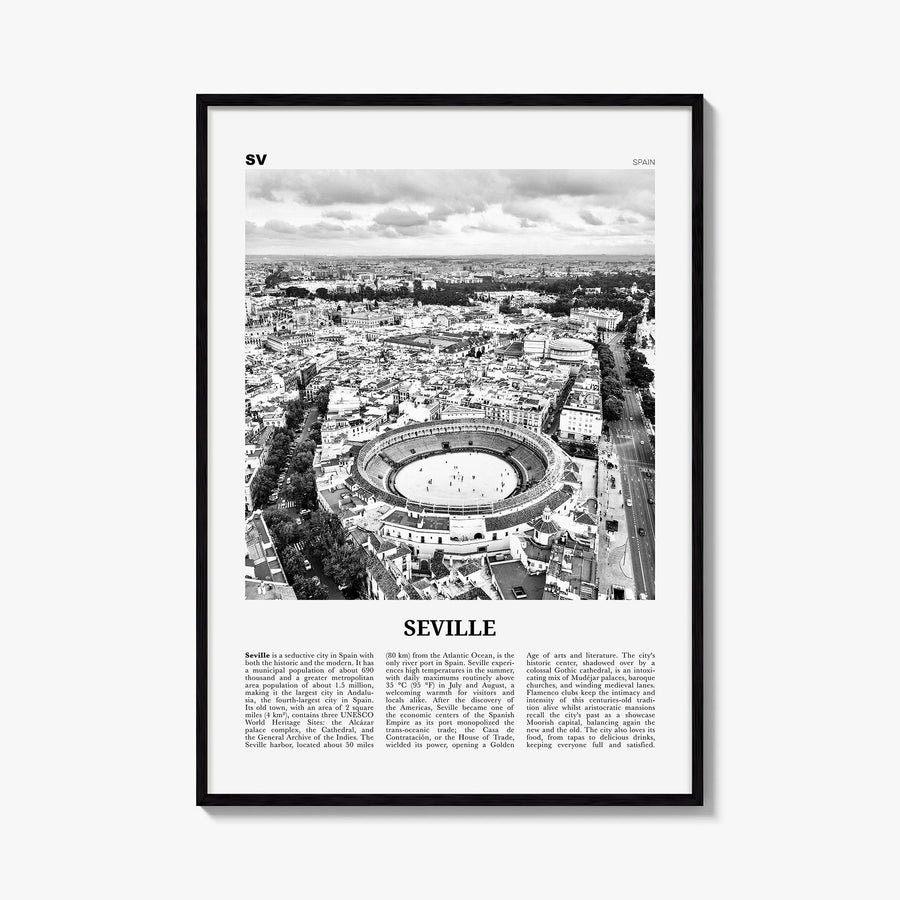 Seville no. 2 black & white newspaper poster of Spain – vertical wall art, unframed print shown in interior mockup