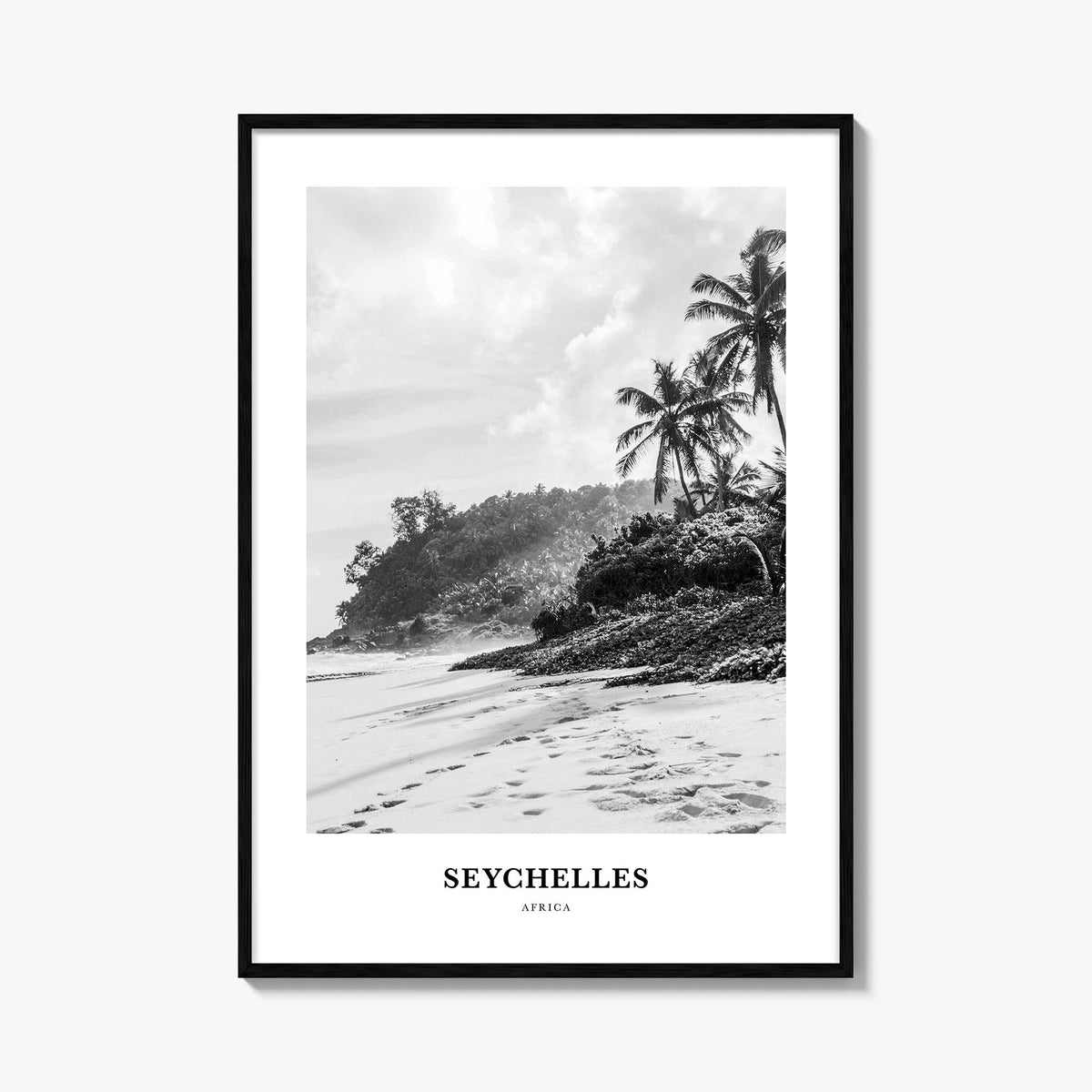 Seychelles black & white classic poster of Africa – vertical wall art, unframed print shown in interior mockup