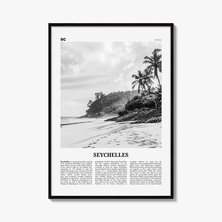 Seychelles black & white newspaper poster of Africa – vertical wall art, unframed print shown in interior mockup