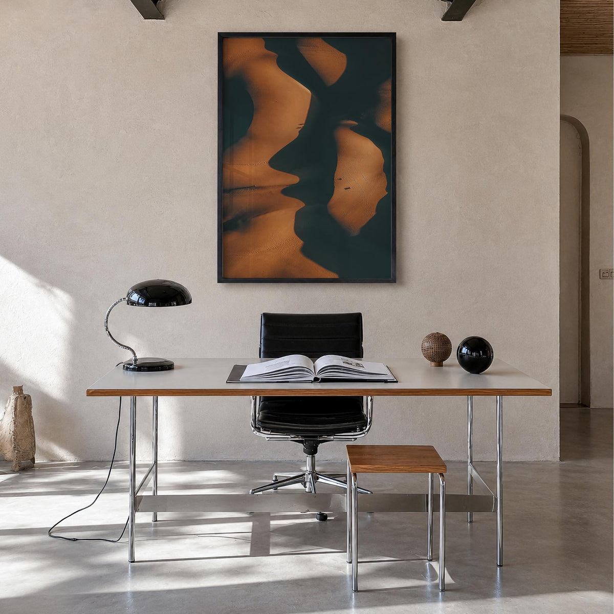 Shadow Sand Dunes colorful photo poster – vertical wall art in black wood frame, hanging on wall