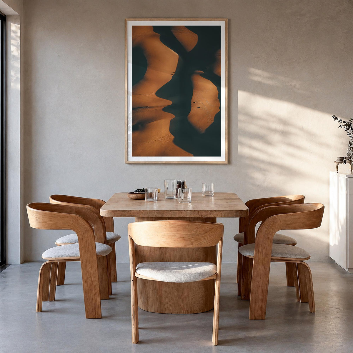 Shadow Sand Dunes colorful photo poster – vertical wall art in natural wood frame with white border, hanging on wall