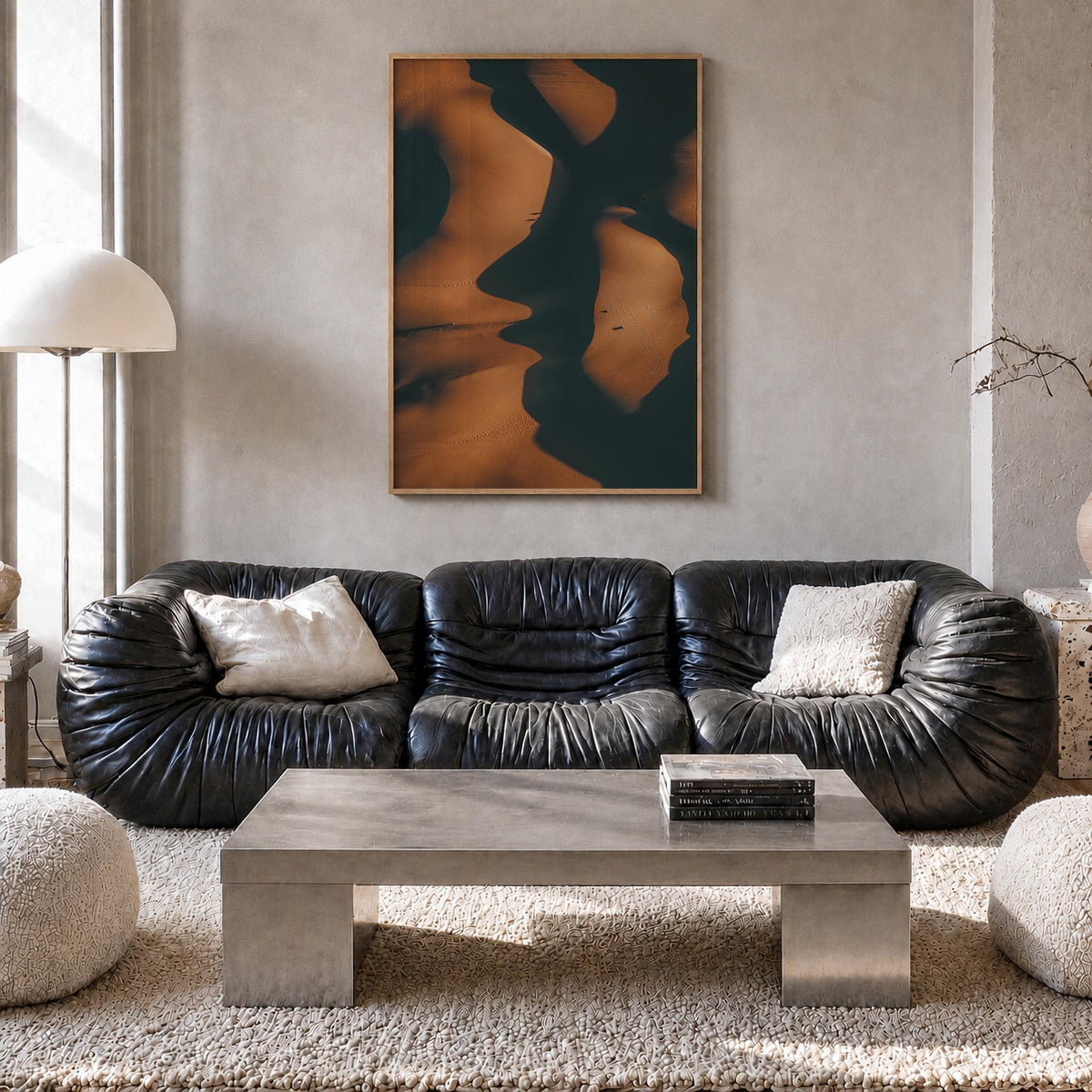 Shadow Sand Dunes colorful photo poster – vertical wall art in natural wood frame, hanging on wall