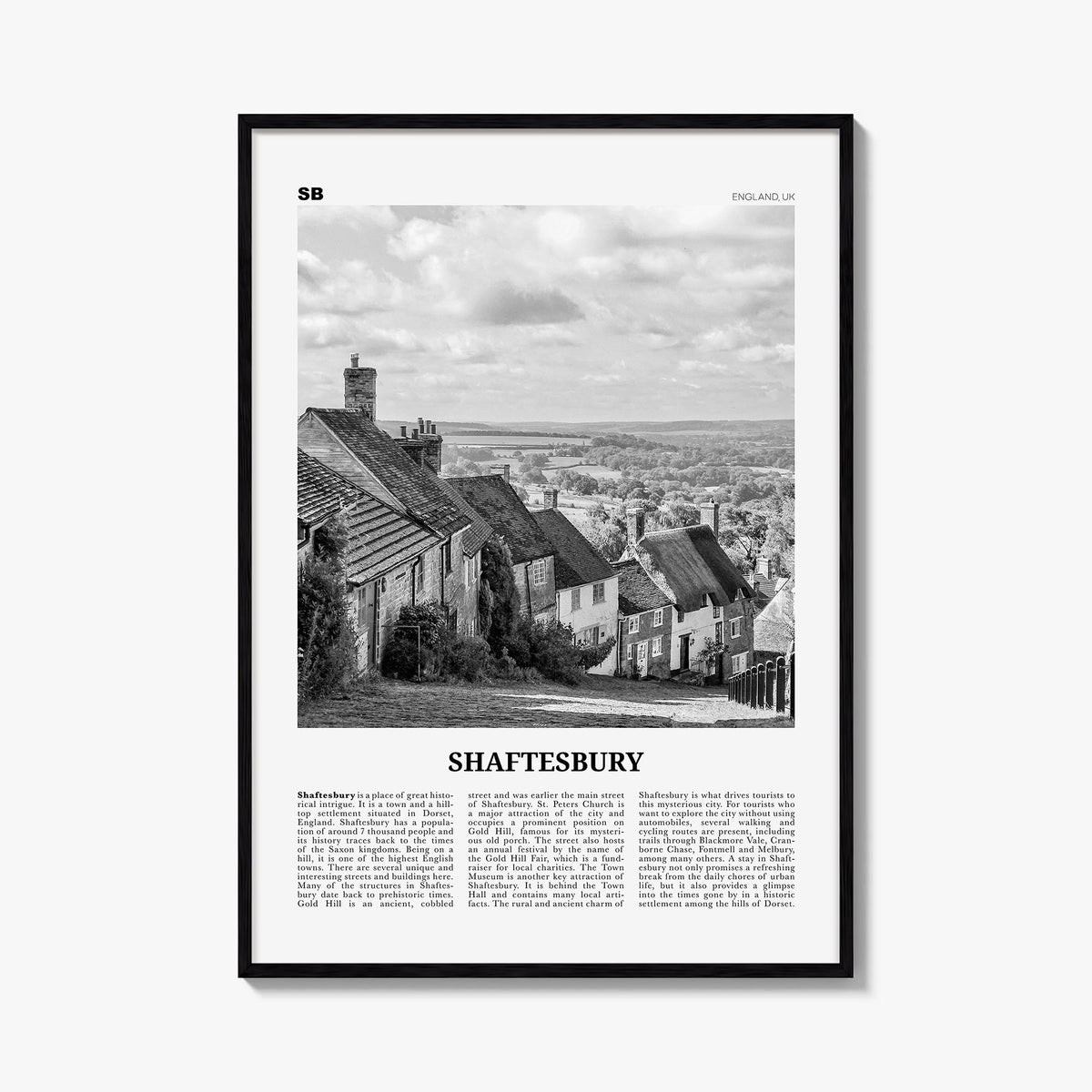 Shaftesbury black & white newspaper poster of United Kingdom – vertical wall art, unframed print shown in interior mockup