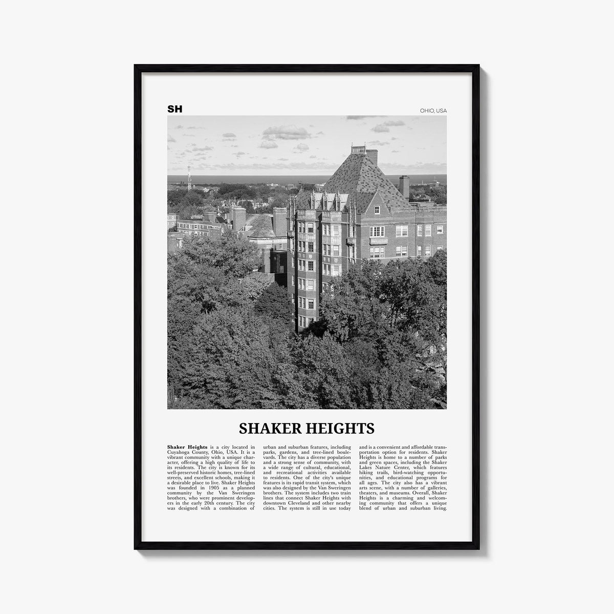 Shaker Heights black & white newspaper poster of Ohio, USA – vertical wall art, unframed print shown in interior mockup
