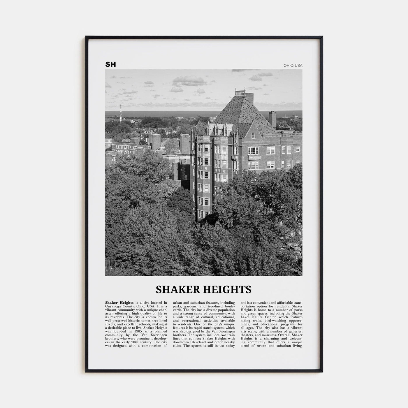 Shaker Heights Poster Black Metal / 8x12 in Nbourhood Travel B&W Poster