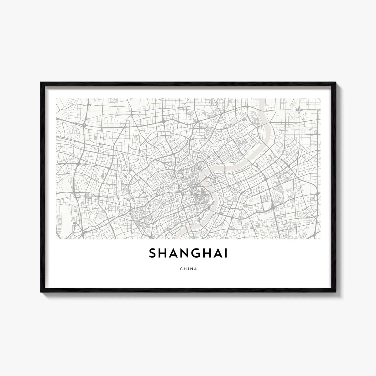 Shanghai black & white map poster of China – horizontal wall art, unframed print shown in interior mockup