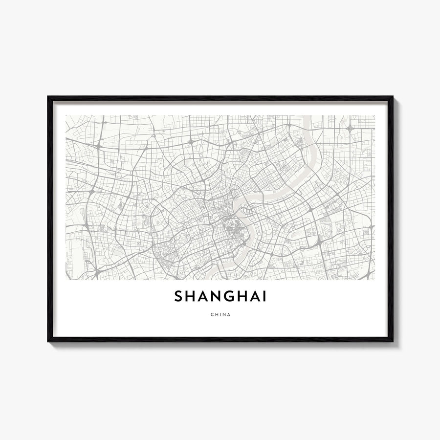 Shanghai black & white map poster of China – horizontal wall art, unframed print shown in interior mockup