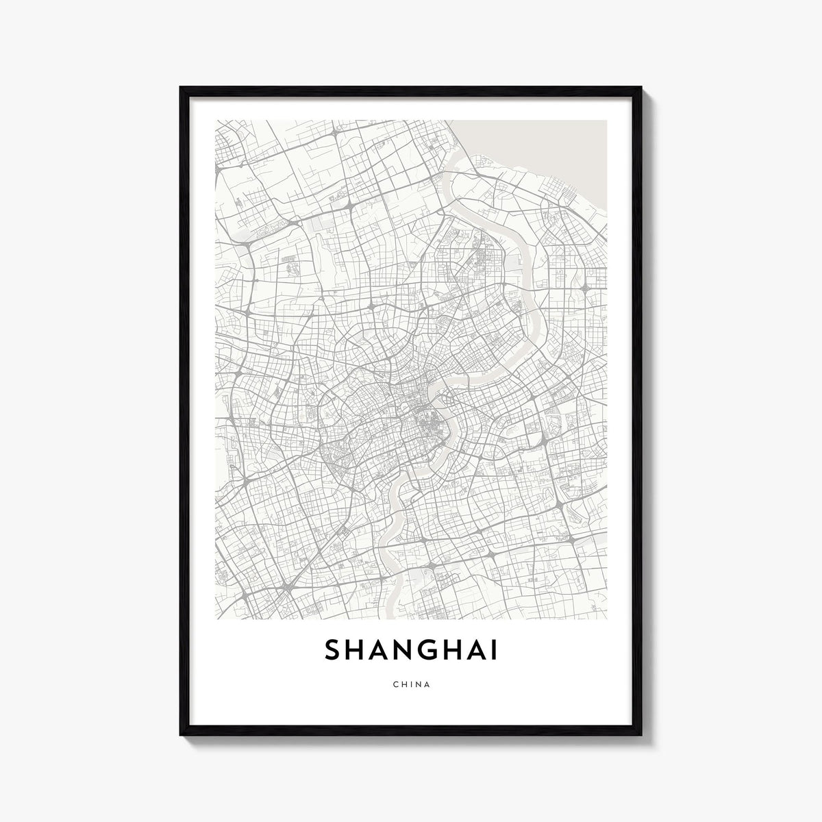 Shanghai black & white map poster of China – vertical wall art, unframed print shown in interior mockup