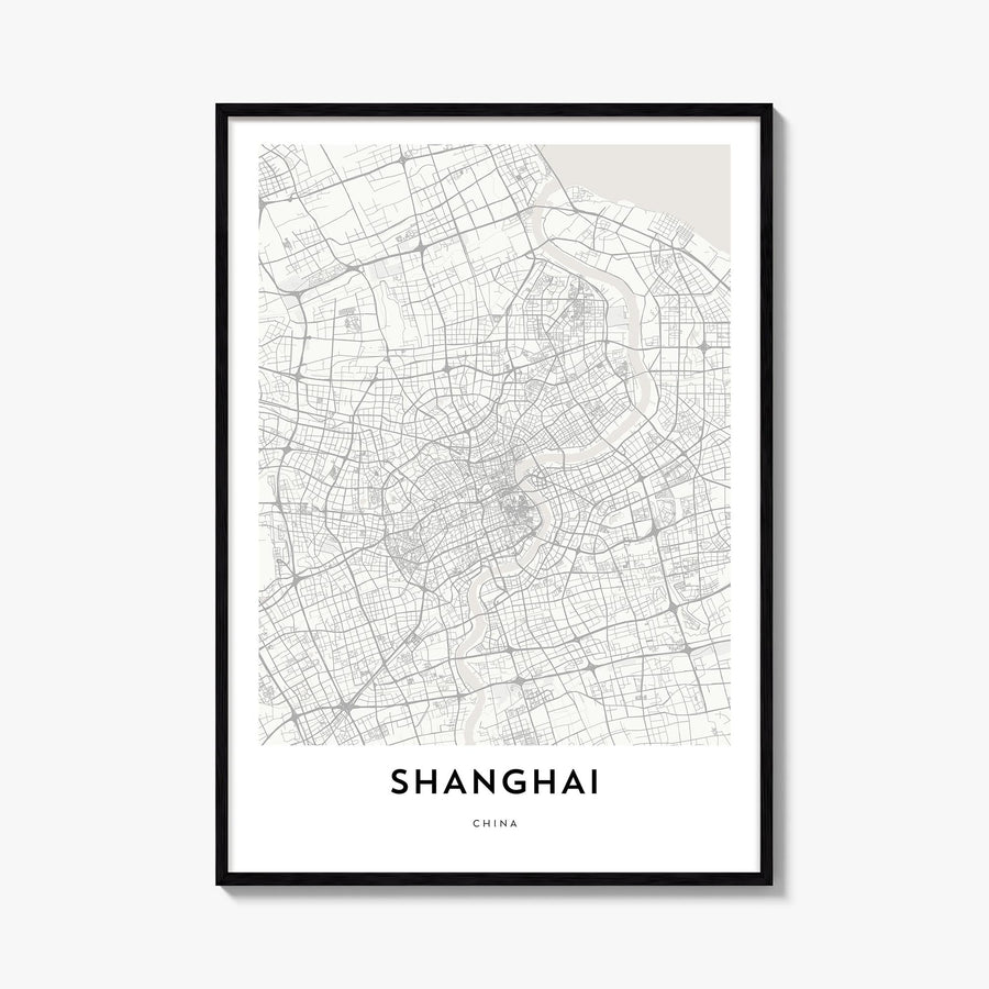 Shanghai black & white map poster of China – vertical wall art, unframed print shown in interior mockup