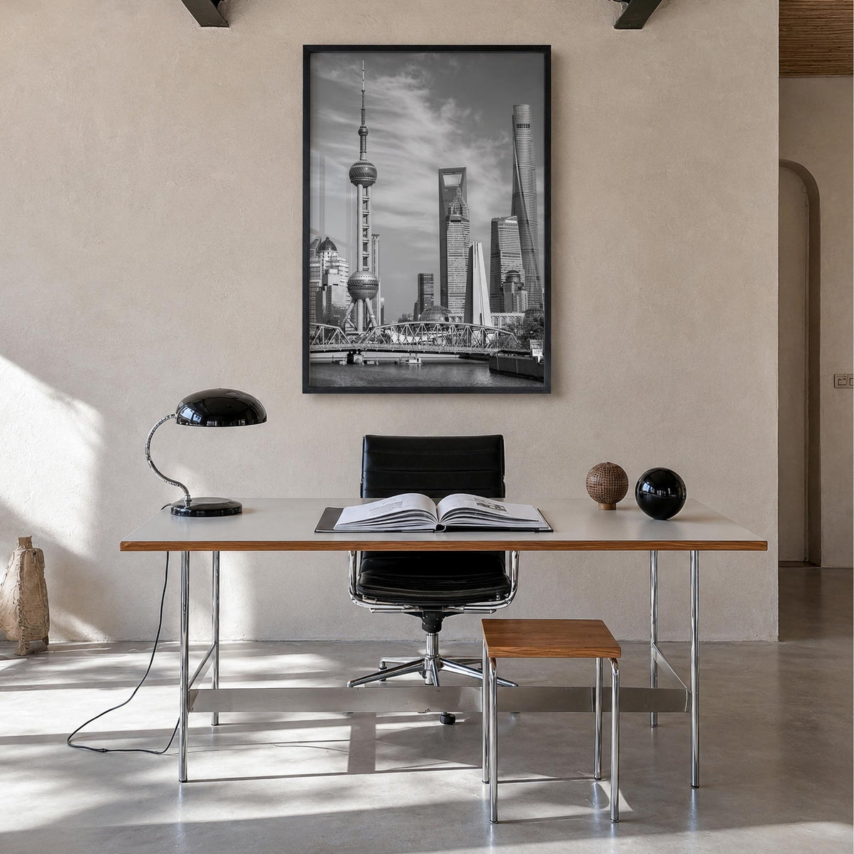 Shanghai black & white photo poster of China – vertical wall art in black wood frame, hanging on wall