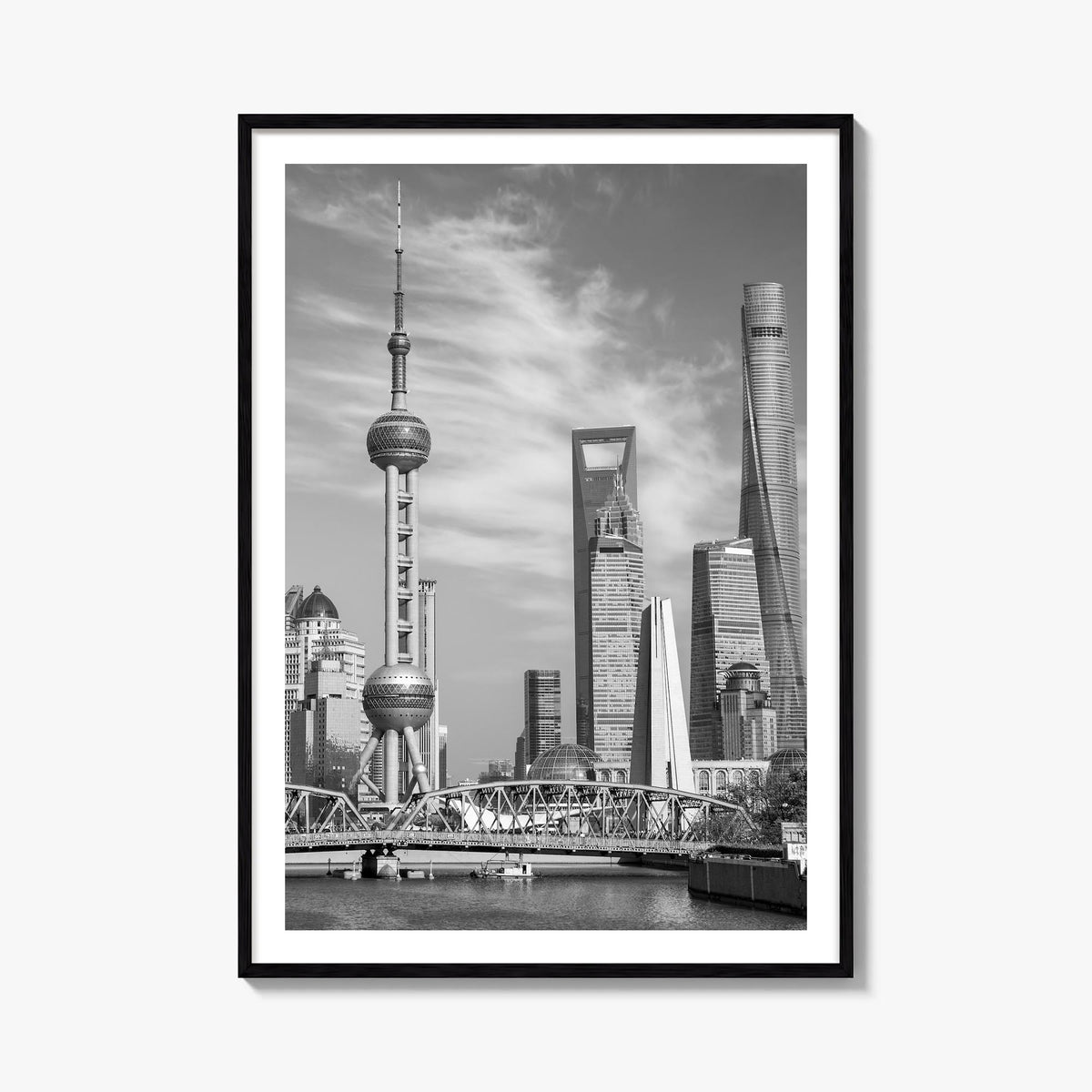 Shanghai black & white photo poster of China – vertical wall art, unframed print shown in interior mockup