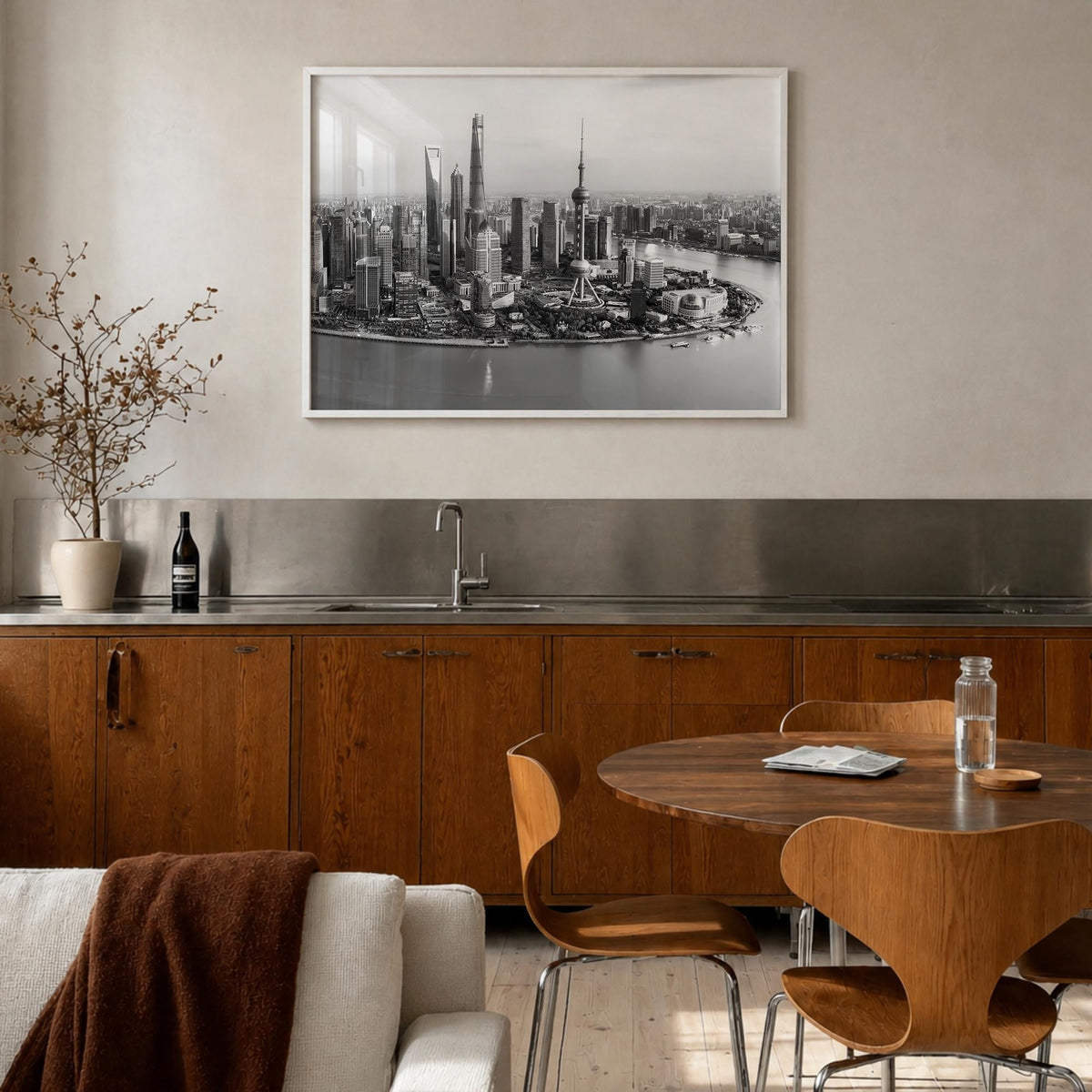 Shanghai black & white photo poster of China – horizontal wall art in white wood frame, hanging on wall