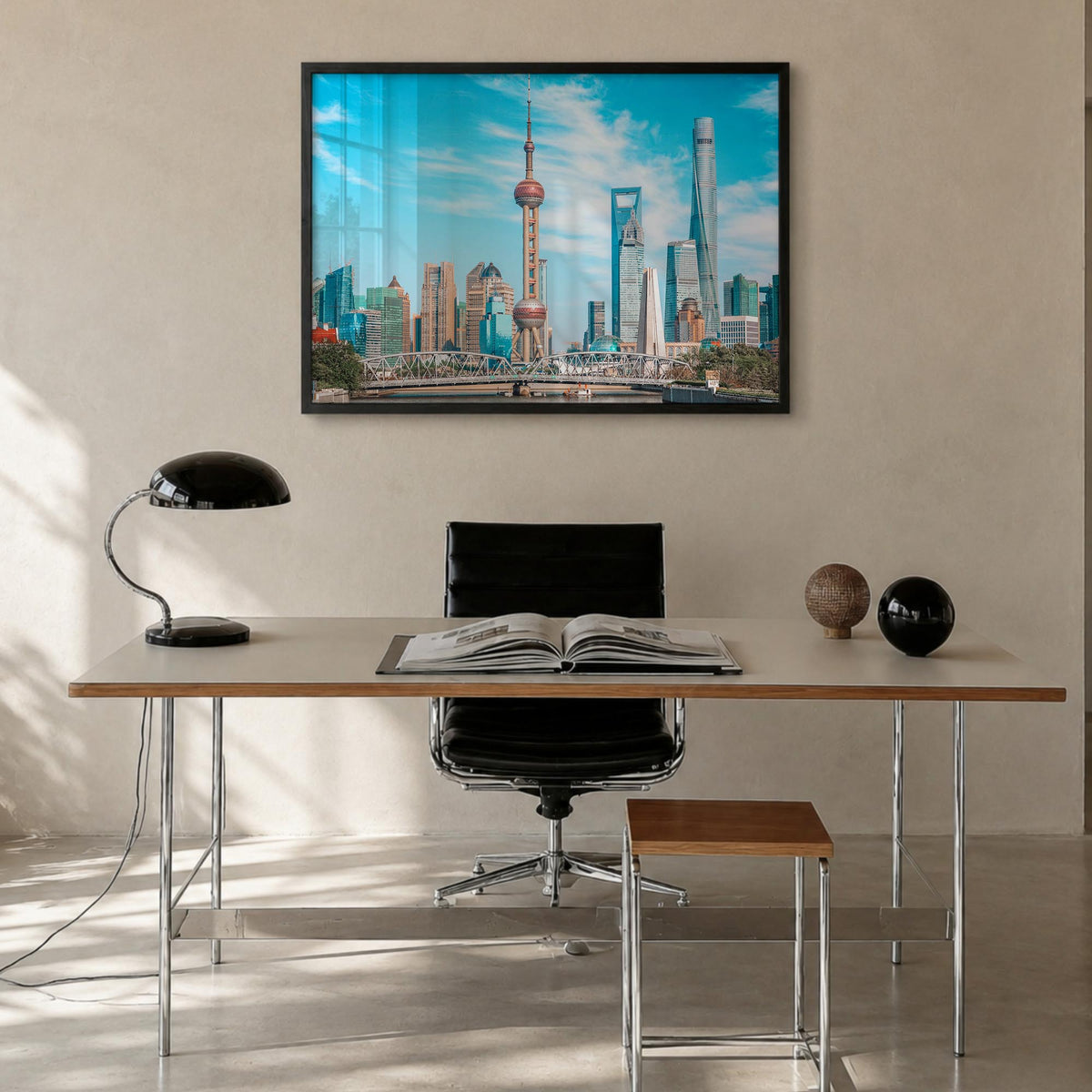 Shanghai colorful photo poster of China – horizontal wall art in black wood frame, hanging on wall