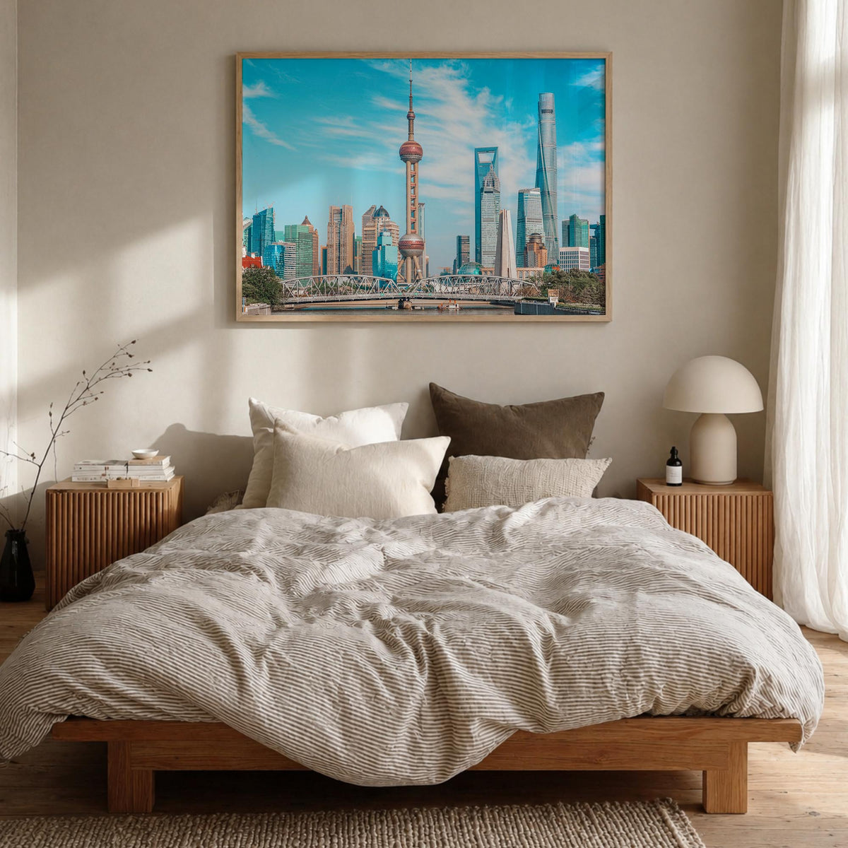 Shanghai colorful photo poster of China – horizontal wall art in natural wood frame, hanging on wall