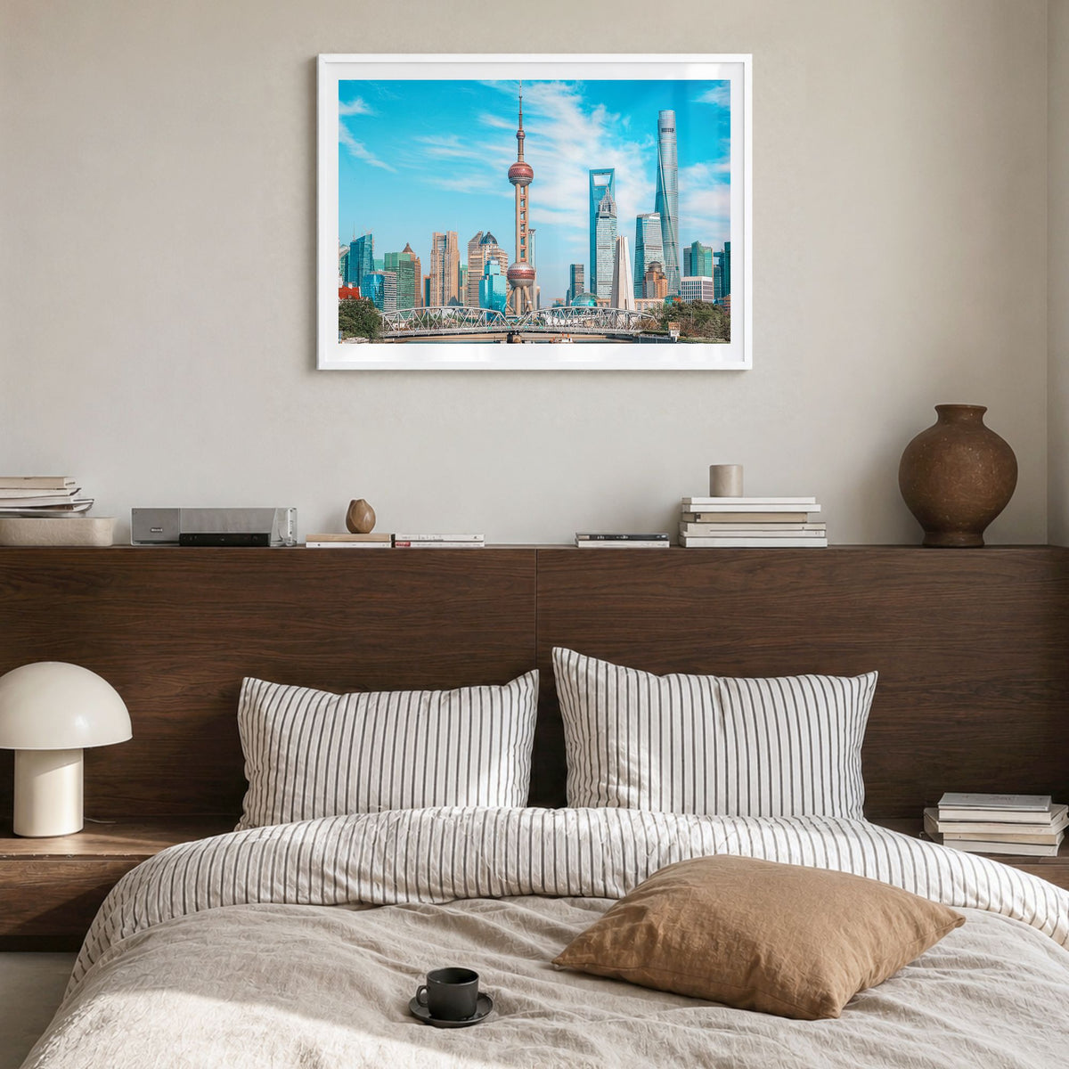Shanghai Photo Poster in a white wood frame, hanging in a bedroom, white border
