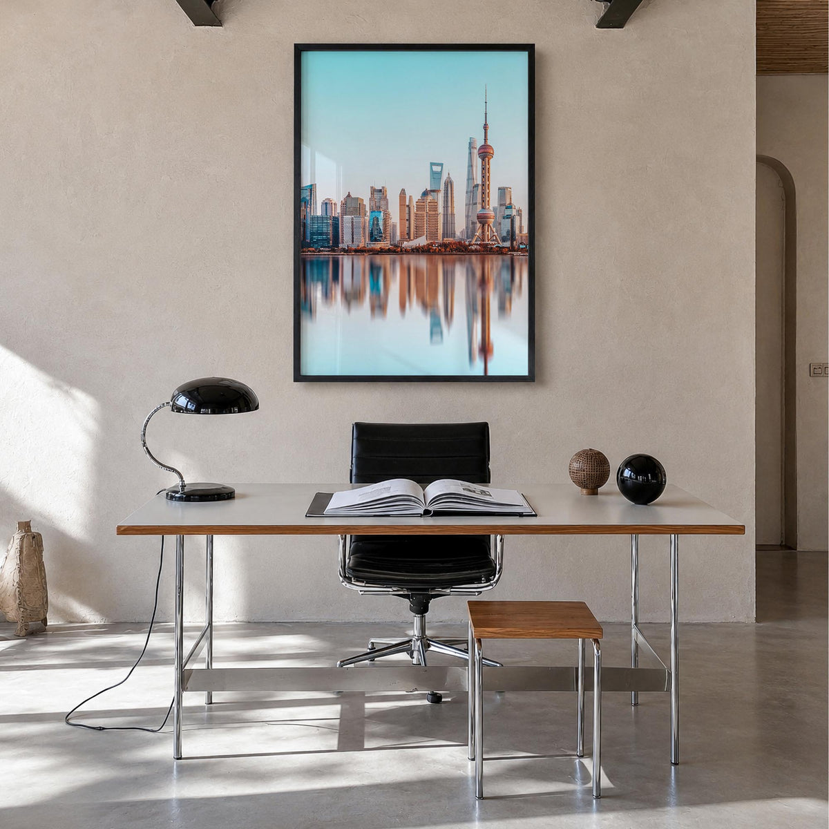 Shanghai no. 1 colorful photo poster of China – vertical wall art in black wood frame, hanging on wall