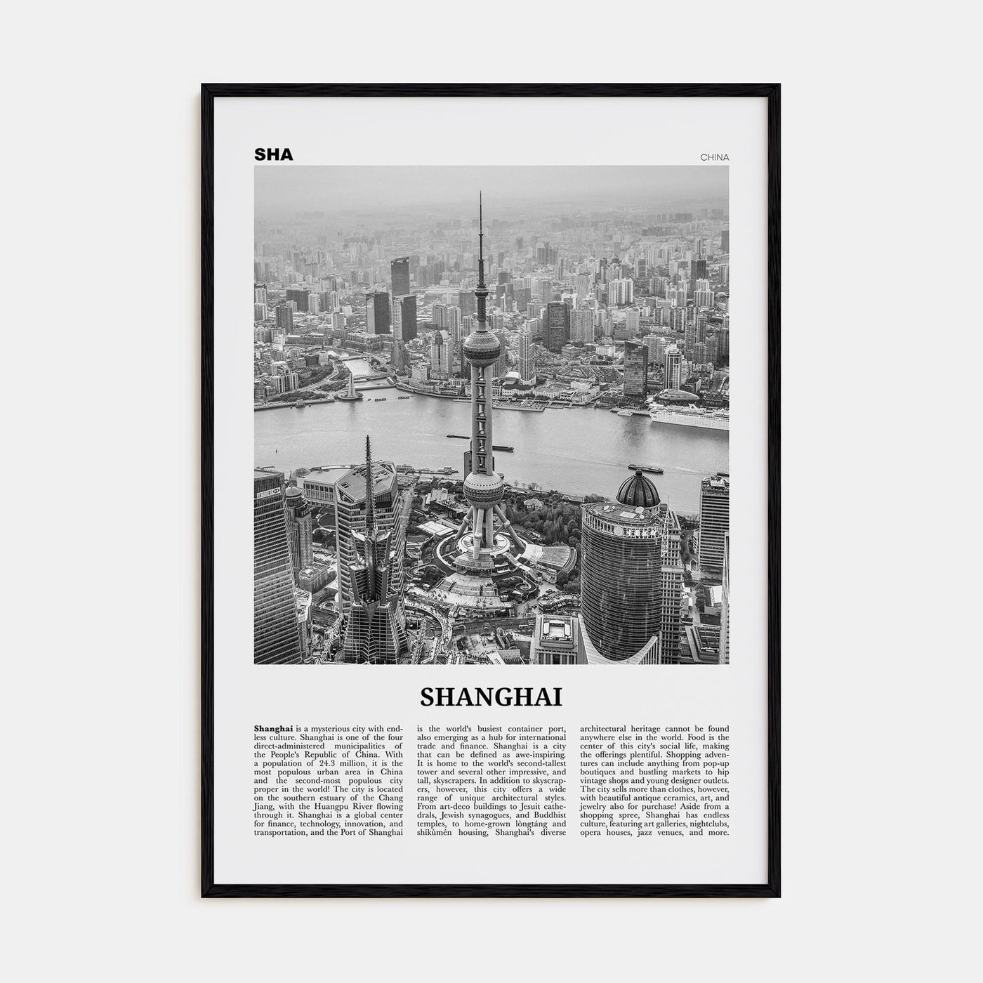 Shanghai No 1 Poster Black Wood / 8x12 in Nbourhood Travel B&W Poster