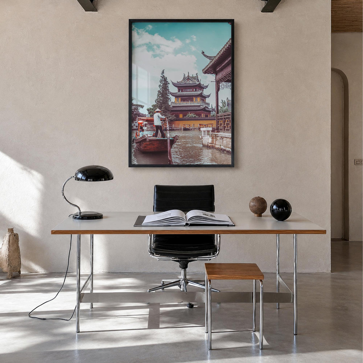 Shanghai no. 2 colorful photo poster of China – vertical wall art in black wood frame, hanging on wall