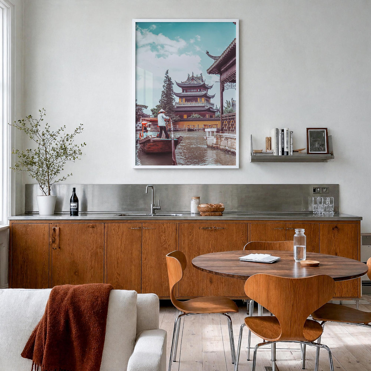 Shanghai no. 2 colorful photo poster of China – vertical wall art in white wood frame, hanging on wall