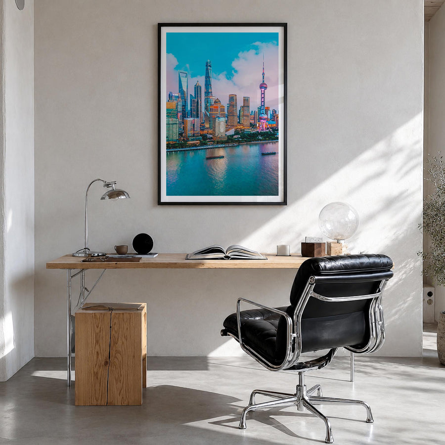 Shanghai no. 3 colorful photo poster of China – vertical wall art in black wood frame with white border, hanging on wall
