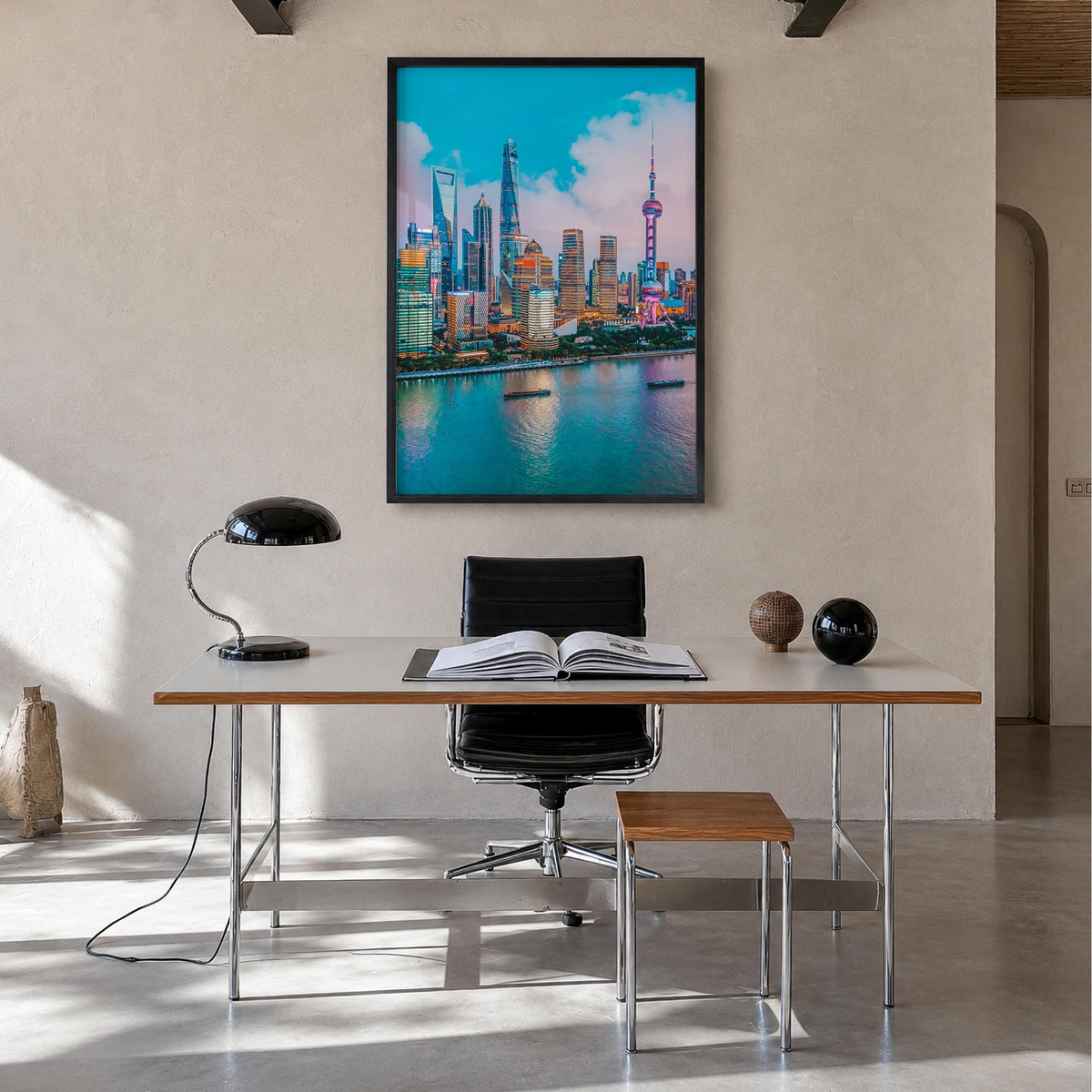 Shanghai no. 3 colorful photo poster of China – vertical wall art in black wood frame, hanging on wall