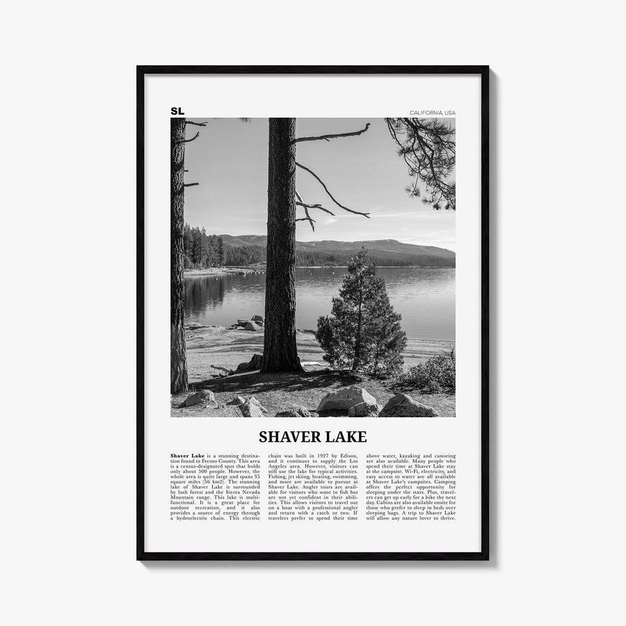 Shaver Lake black & white newspaper poster of California, USA – vertical wall art, unframed print shown in interior mockup