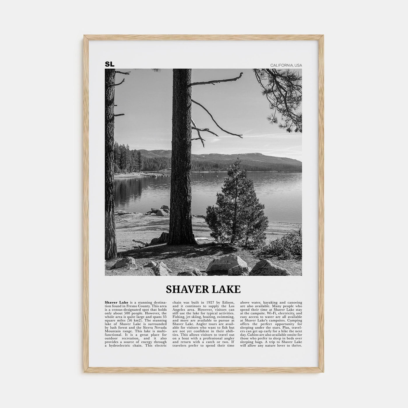 Shaver Lake Poster Natural Wood / 8x12 in Nbourhood Travel B&W Poster