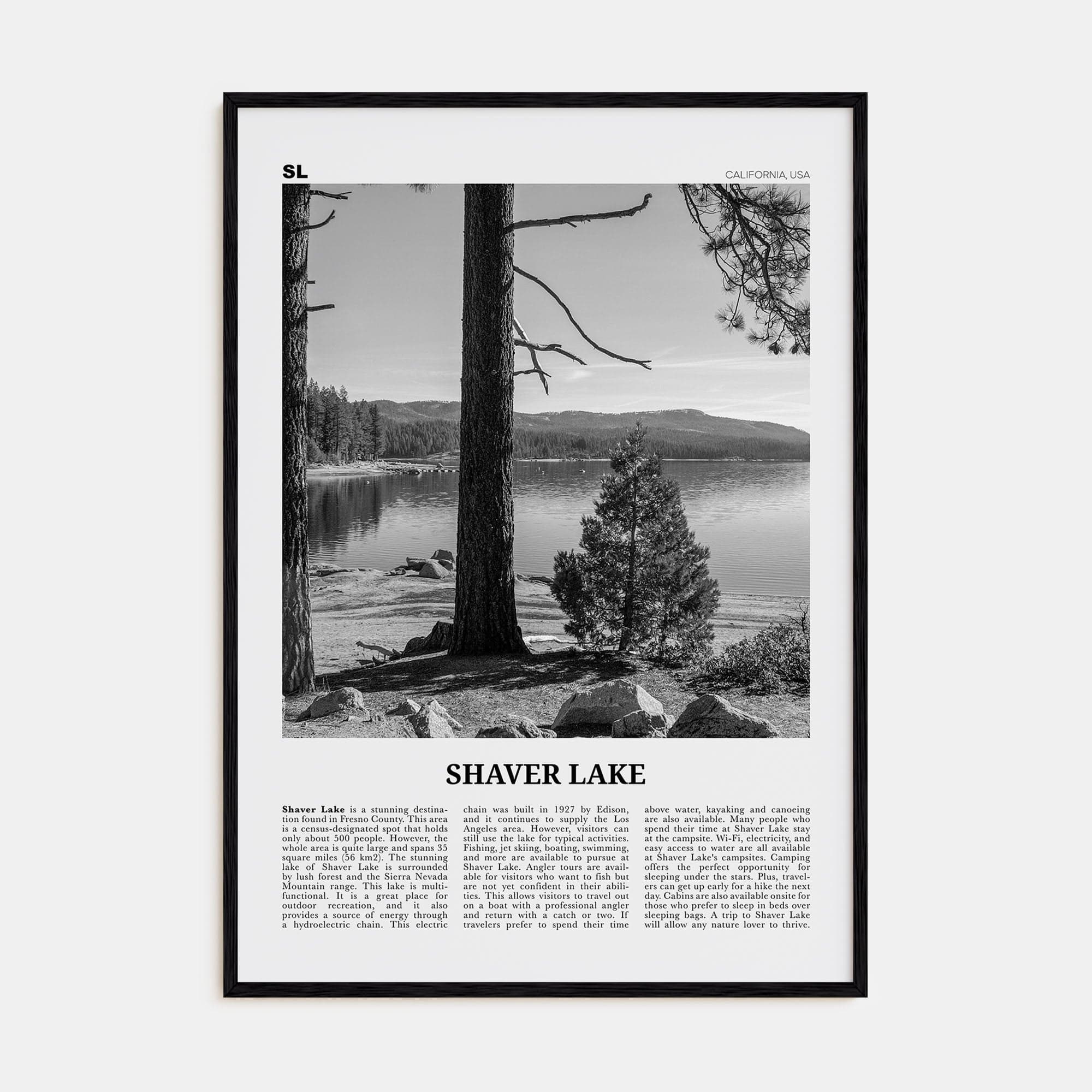 Shaver Lake Poster Black Wood / 8x12 in Nbourhood Travel B&W Poster