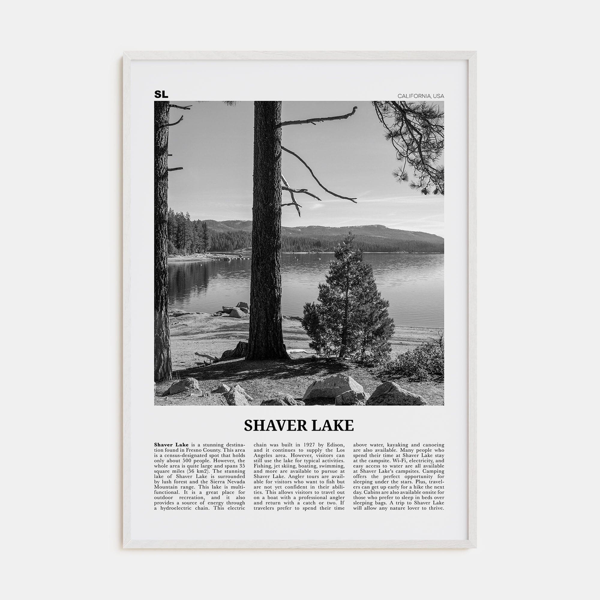 Shaver Lake Poster White Wood / 8x12 in Nbourhood Travel B&W Poster