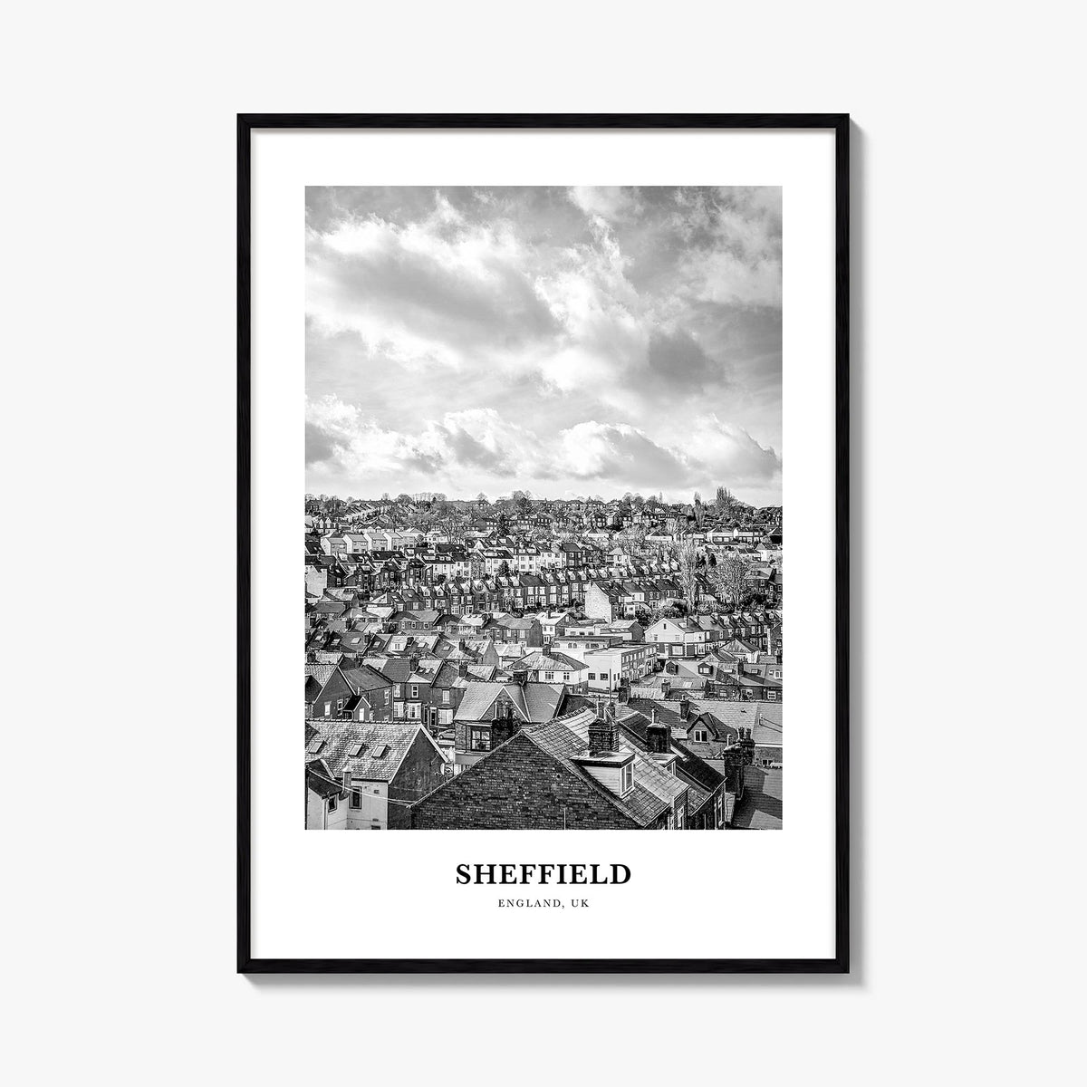 Sheffield black & white classic poster of England, UK – vertical wall art, unframed print shown in interior mockup