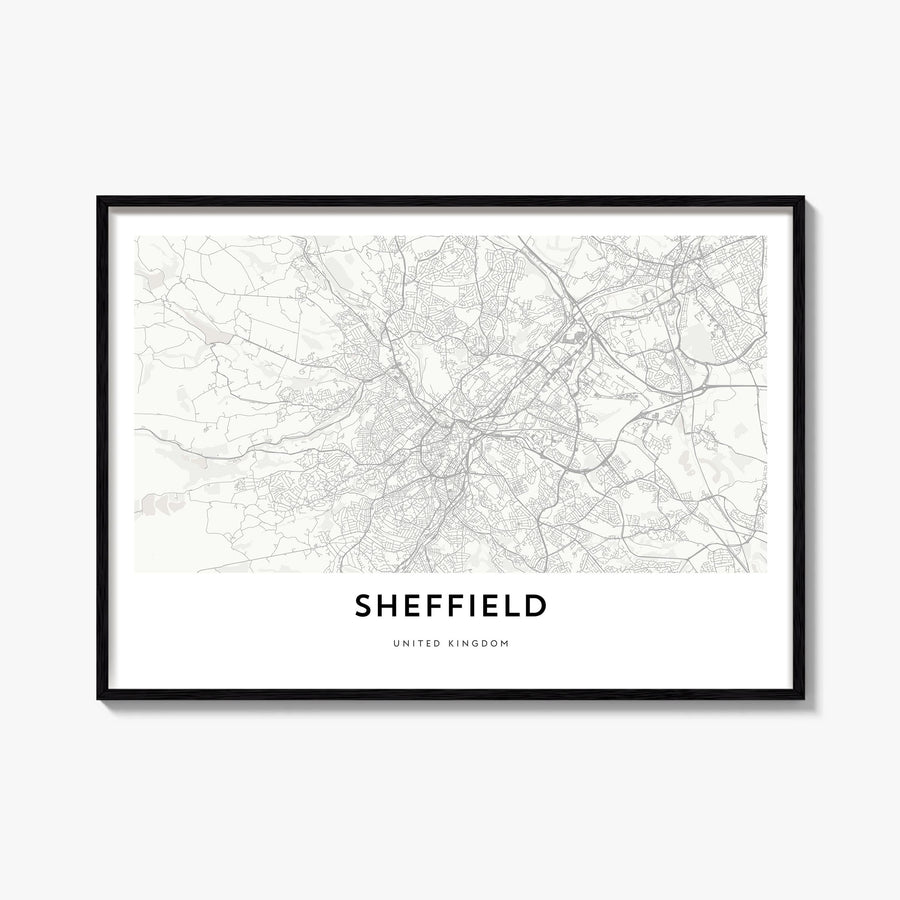 Sheffield black & white map poster of England, UK – horizontal wall art, unframed print shown in interior mockup