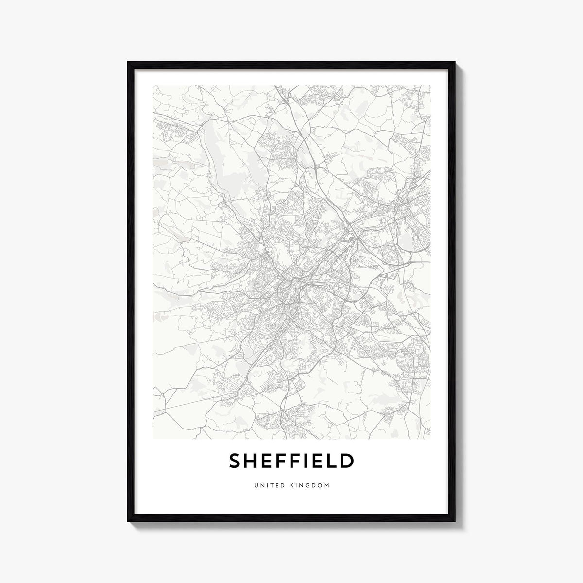 Sheffield black & white map poster of England, UK – vertical wall art, unframed print shown in interior mockup