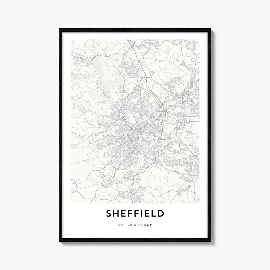 Sheffield black & white map poster of England, UK – vertical wall art, unframed print shown in interior mockup