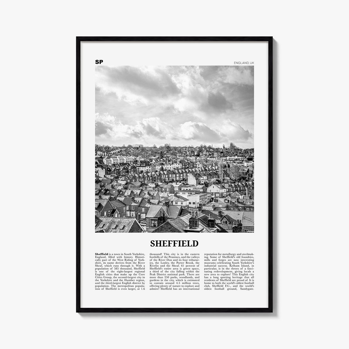 Sheffield black & white newspaper poster of England, UK – vertical wall art, unframed print shown in interior mockup