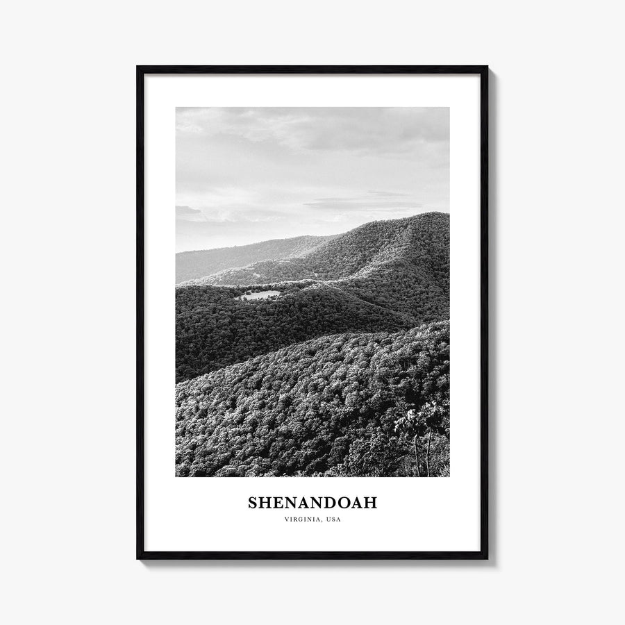 Shenandoah black & white classic poster of Virginia, USA – vertical wall art, unframed print shown in interior mockup