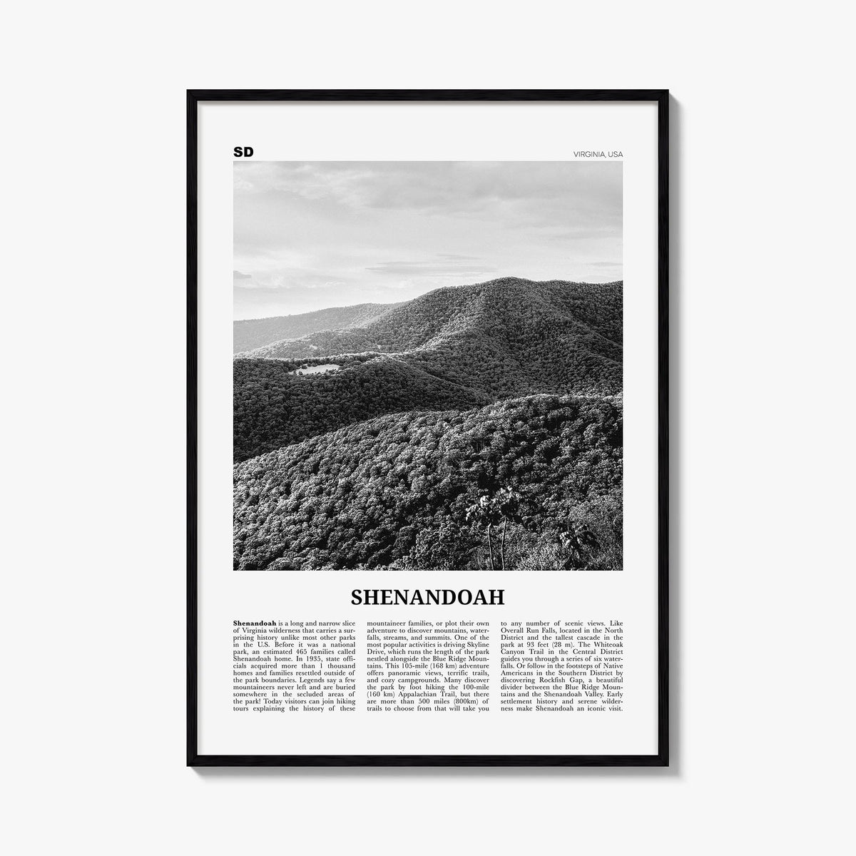 Shenandoah black & white newspaper poster of Virginia, USA – vertical wall art, unframed print shown in interior mockup