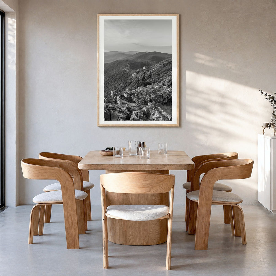 Shenandoah National Park Photo Poster in a natural wood frame, hanging in a dining room, white border