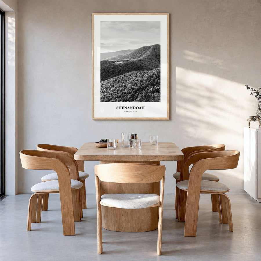 Shenandoah National Park Classic Poster in a natural wood frame, hanging in a dining room