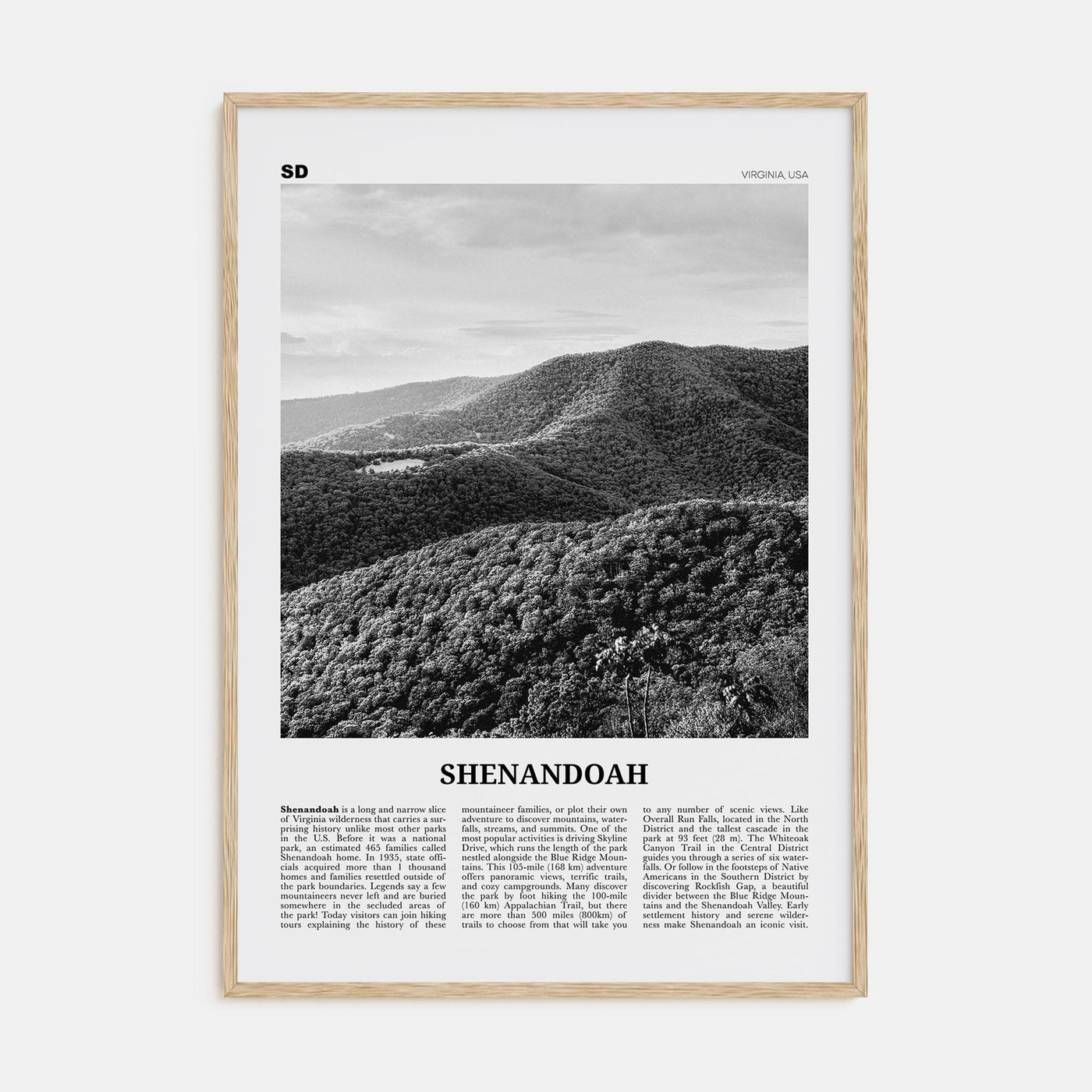 Shenandoah Poster Natural Wood / 8x12 in Nbourhood Travel B&W Poster