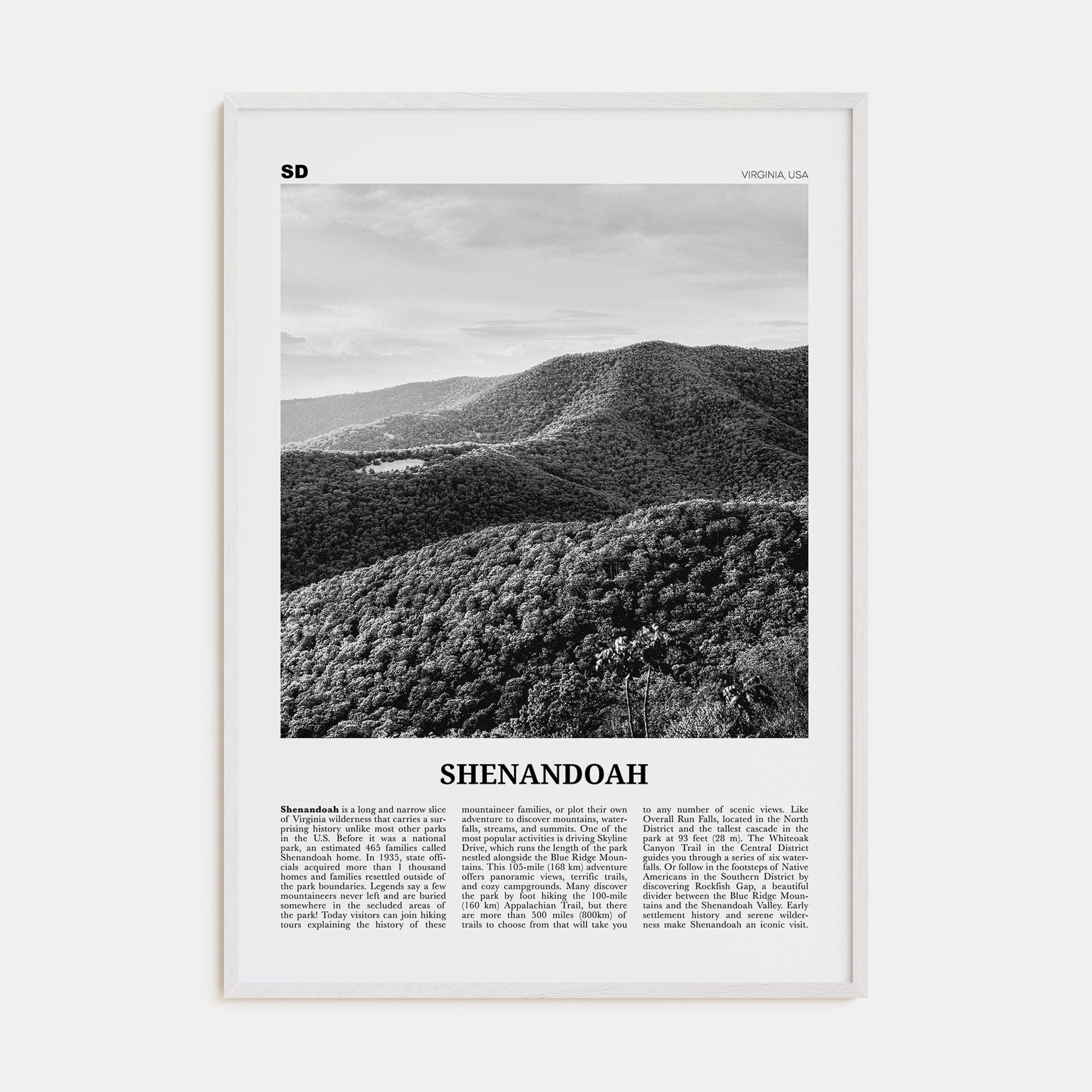 Shenandoah Poster White Wood / 8x12 in Nbourhood Travel B&W Poster