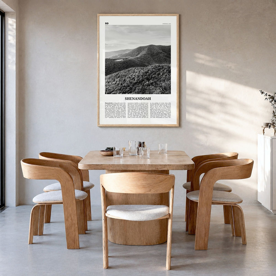 Shenandoah National Park Newspaper Poster in a natural wood frame, hanging in a dining room