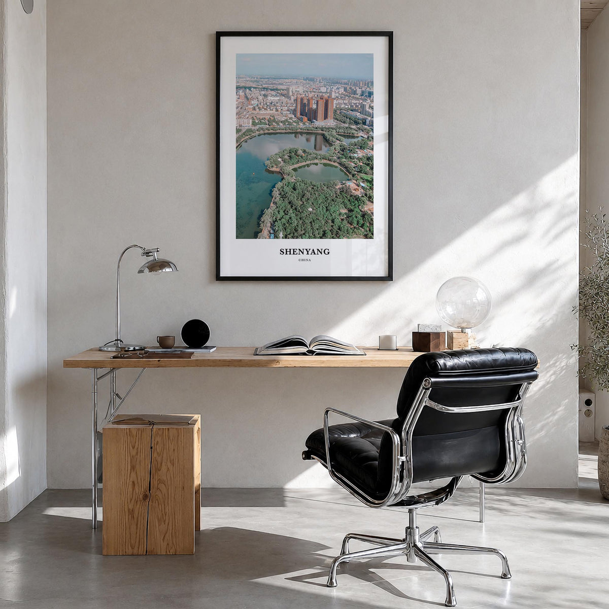 Shenyang colorful classic poster of China – vertical wall art in black wood frame, hanging on wall